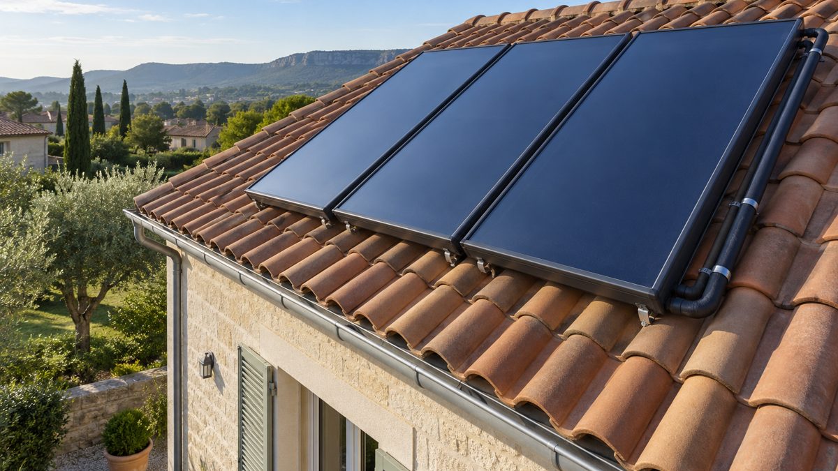 Illustration : capteurs solaires thermiques plans sur une toiture