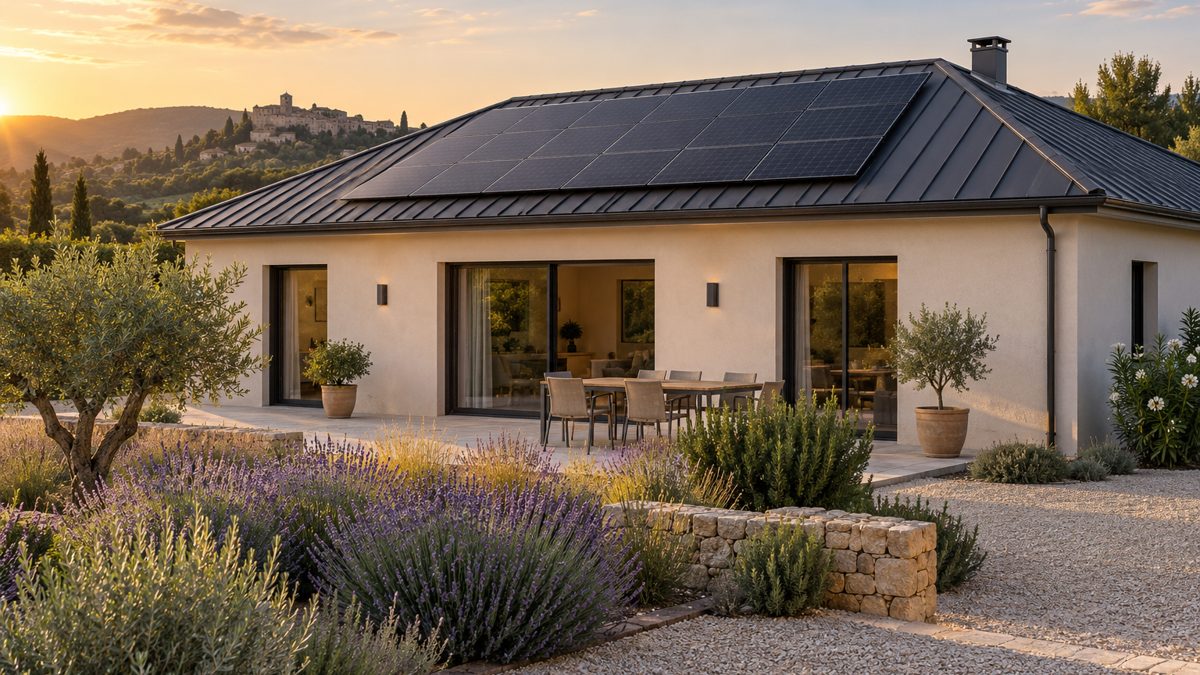 Illustration : maison de plain-pied équipée de modules photovoltaïques
